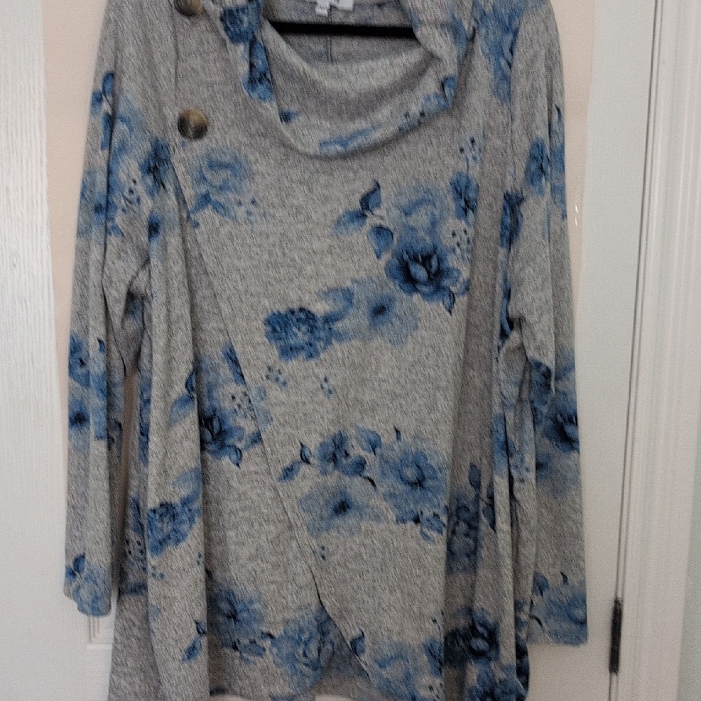 My Style Grey and Blue Floral Cowl Neck Top Size 2x